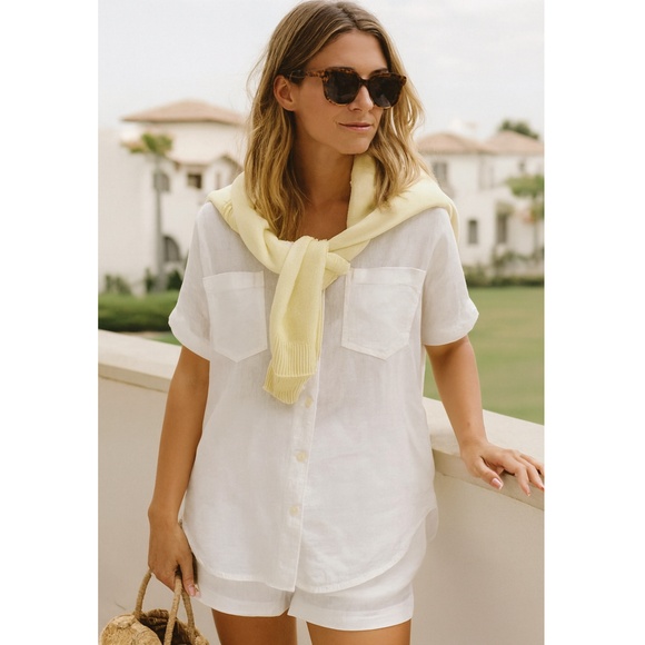 JAEGER Linen Classic Shirt Button Up Blouse Short Sleeves size L Resort Basics - Picture 9 of 16